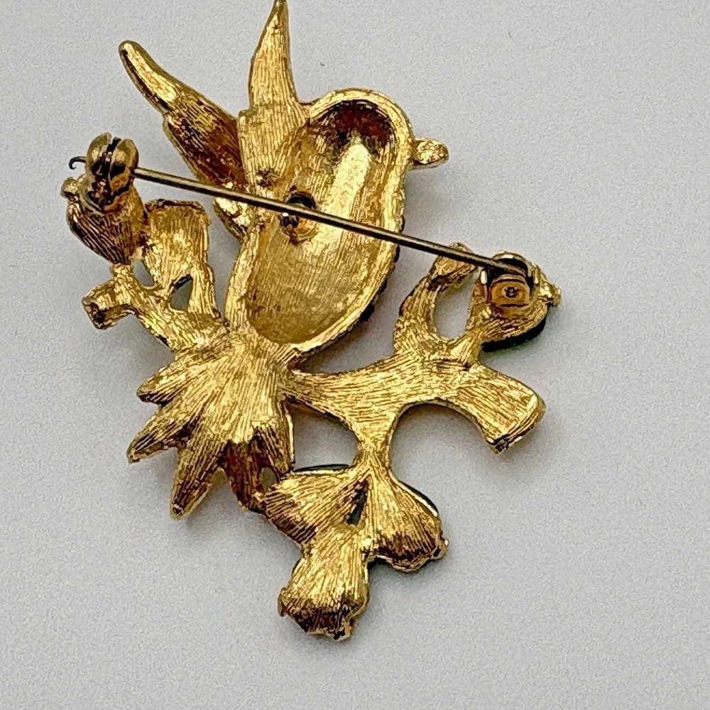 Vintage Hummingbird Brooch Rhinestone Lucite Yellow Green